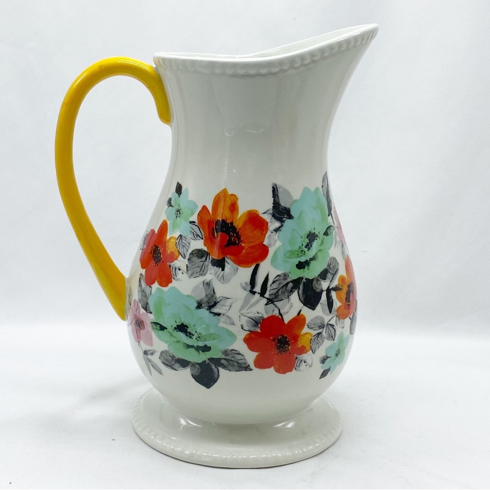 Pioneer Woman Flea Market Stoneware Floral 2 Quart Pitcher White Red Teal Blue - Picture 5 of 9